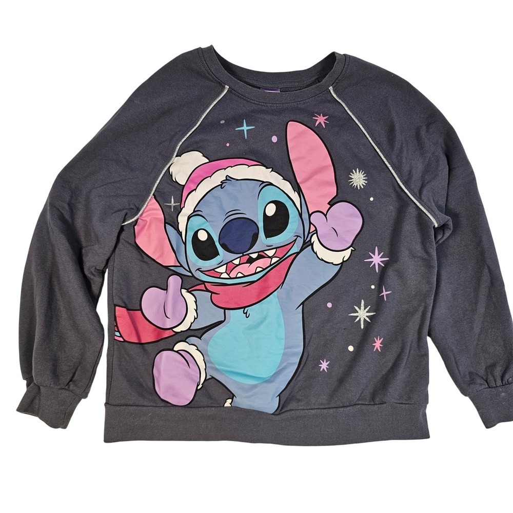 Disney Stitch Christmas Sweatshirt Grey Girls XL 14-16 Holiday‎ Graphic Pullover